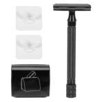 Vintage Style Manual Safety Razor Set with Metal Black Stand and Blade Recycling Tin, Portable Beard Shaving Tool for Men’s Grooming and Travel