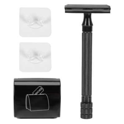 Vintage Style Manual Safety Razor Set with Metal Black Stand and Blade Recycling Tin, Portable Beard Shaving Tool for Men’s Grooming and Travel