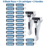 24 Stainless Steel 6 Blade Shaving Razor for Men Beard Mustache- Replaceable Cartridges Blades+ 2 Non-slip Handles- Disposable Reusable Manual Safety Razor Blade - Image 2